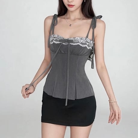グレーレースフレンチキャミトップス　1186