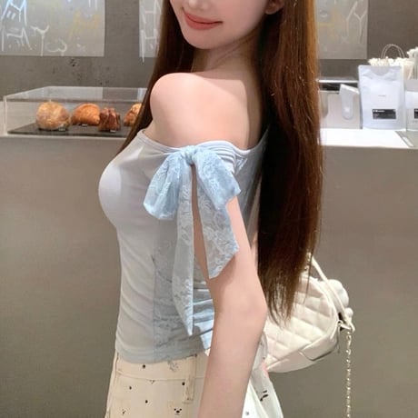 リボンレースオフショルトップス　1174