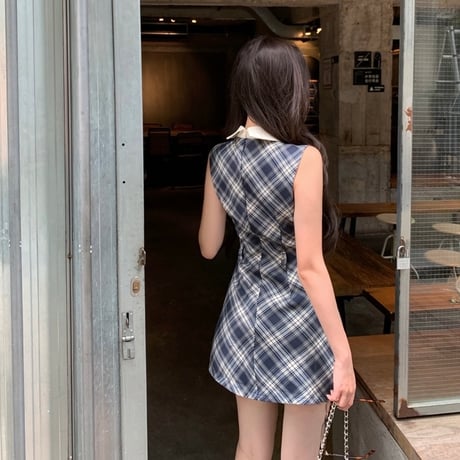 ネイビーチェックミニワンピ　0924