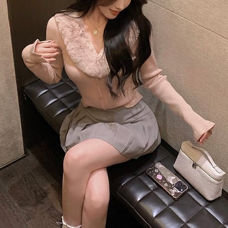 ネックファーニットトップス　0769