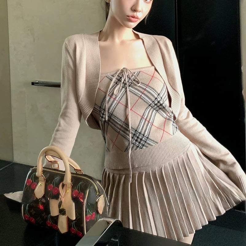 トップス dolly ベージュチェックオフショルトップス＋カーディガン 1236 | Dolly