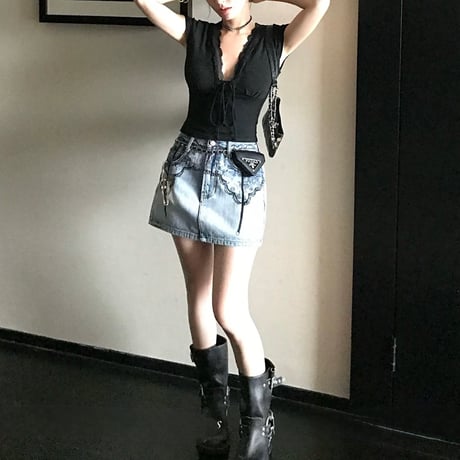 ブラックレースデザインデニムスカート　1396