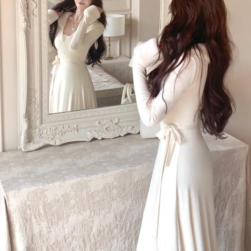 ホワイトファーカーディガン+Aラインロングワンピ 0791 | Dolly