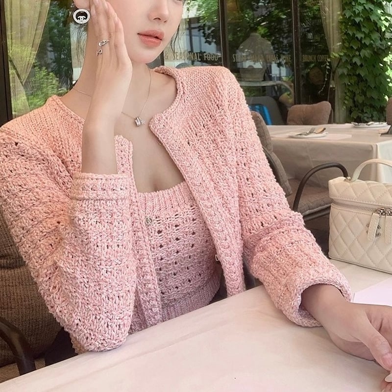 【新品】レオナール　2023　カーディガン　ビジュー　カンカン　ピンクトリム mcg3543- New肘星カーディガン（カーディガン/ボレロ）｜CAMBIO