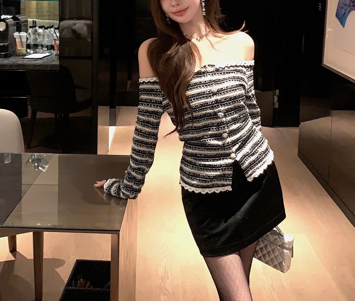 パフスリーブオフショルツイードトップス ダーリッチ Darich パフスリーブオフショルツイードトップス