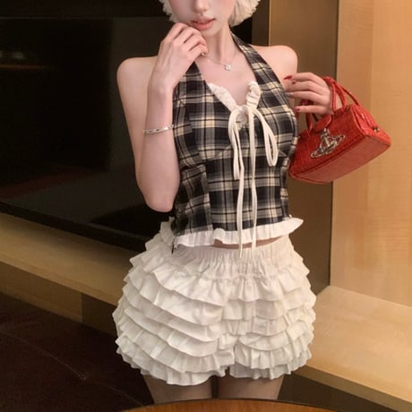 チェックホルターネックレーストップス　1153