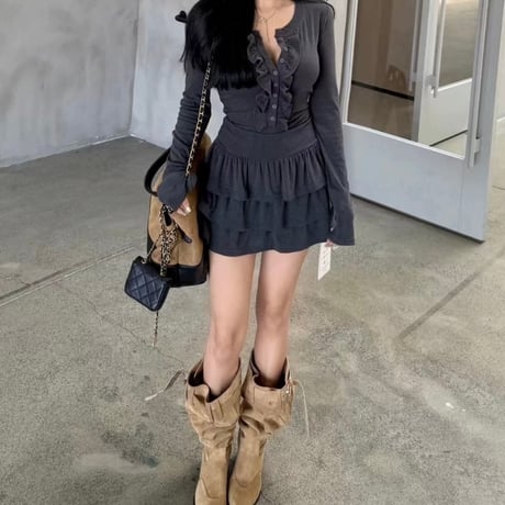 フリルデザインティアードミニワンピ　1262