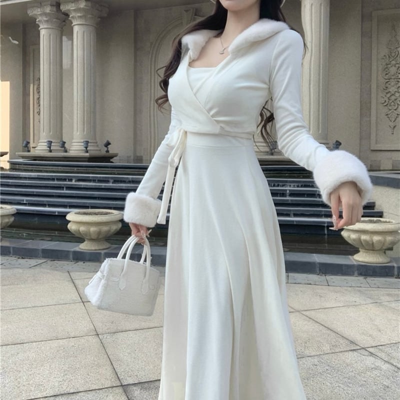 ホワイトファーカーディガン+Aラインロングワンピ 0791 | Dolly