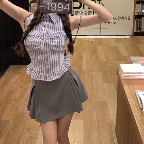 ブルーストライプシャツトップス　0704