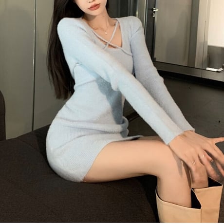 セクシーネッククロスニットワンピ　0731