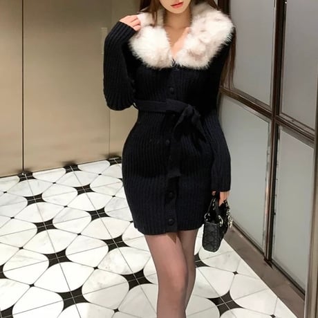 ファーブラックニットワンピ　1031