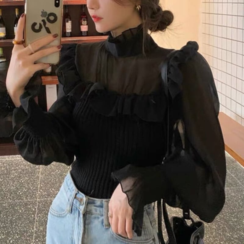 シースルーフリルトップス 黒 シースルーフリルエレガントブラウス 0097 | Dolly