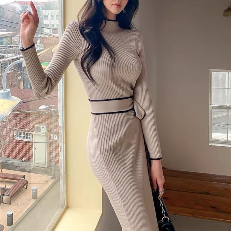 ピンクベージュリボンニットワンピ 0307 | Dolly