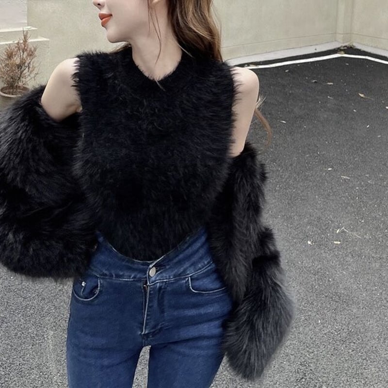 フランス製 黒ニットトップス ノースリーブ 裾リアルラビットファー anuans｜ファーライクノースリーブニットトップス | Rakuten