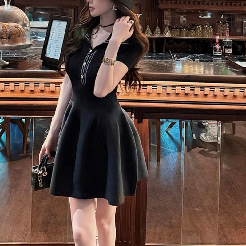 ブラックフレンチフレアニットワンピ 1237 | Dolly ブラックフレンチフレアニットワンピ 1237 | Dolly