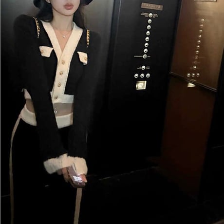 フレンチニットバイカラーカジュアルセットアップ　1035