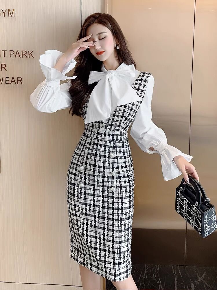 ホワイトブラウス＋ツイードサスペンダースカートセット 0326 | Dolly