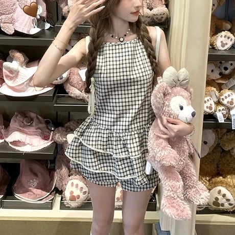 チェックフリルセットアップ　0938