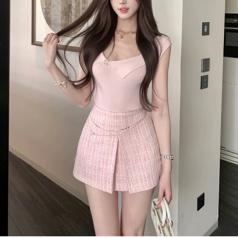 【新品未使用】定価42,900円　エリザ　ツイードスカート　ピンク ツイードピンクチェーンスカート 1226 | Dolly