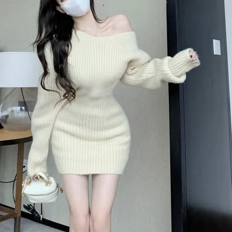 ニットオフショルデザインワンピ　0758