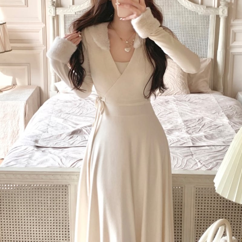 ホワイトファーカーディガン+Aラインロングワンピ 0791 | Dolly