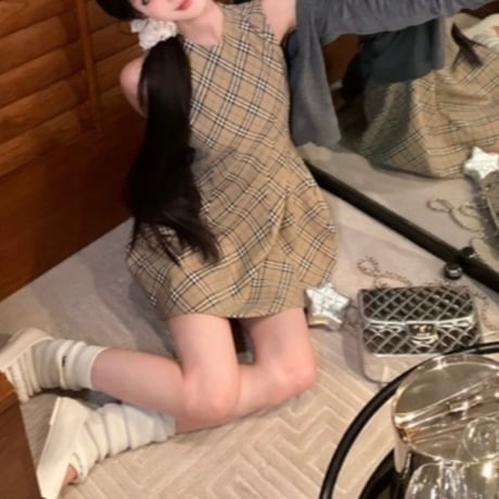 ベージュフレンチチェックAラインワンピース　0845