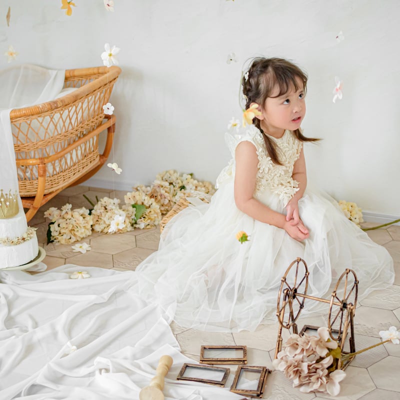 S～M／アイボリーベロアとレースとフリルの組み合わせが上品な5分袖娘