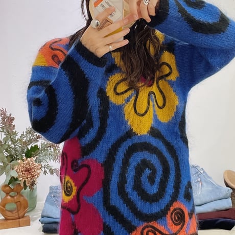 90's flower swirl pattern mohair sweater