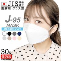 【J-95マスク30枚入】JIS規格適合・医療用レベルクラス３ 4層構造の3D立体型マスク　30枚入
