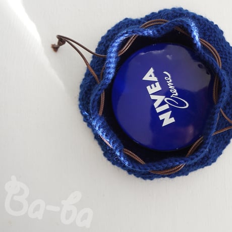 ばあば、鹿の子編みのころりんknit巾着（bleue point de riz・KPO7)