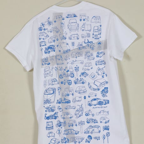 かかせて車Tシャツ（白T×青）