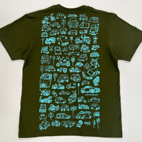 かかせて車Tシャツ（カーキT×空色）