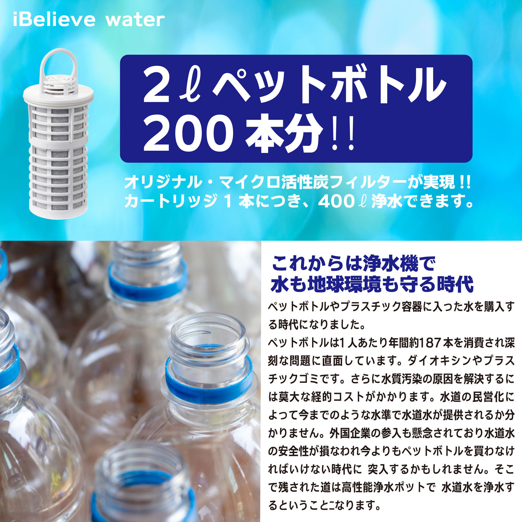 iBelieve water ポット型浄水器 透明/青 iBelieve water／アイビリーブウォーター／ピッチャータイプ（ホワイト