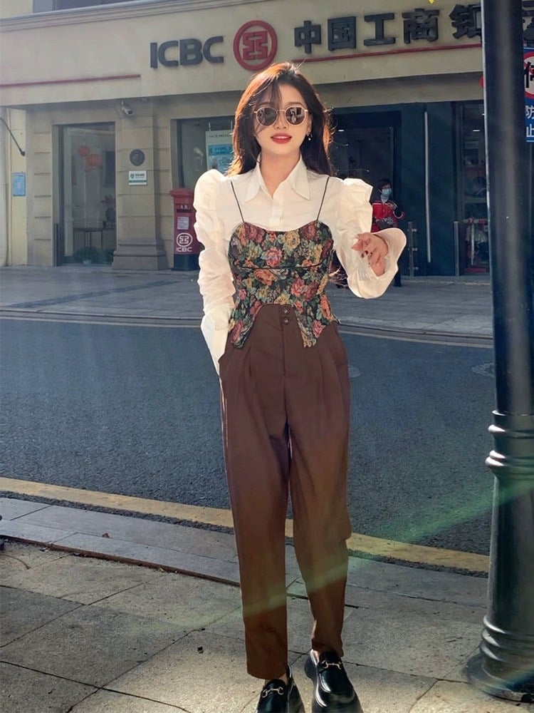 どんぐり枠 パフスリーブワンピース、花柄ビスチェ2点セット fit=scale-down,w=1200