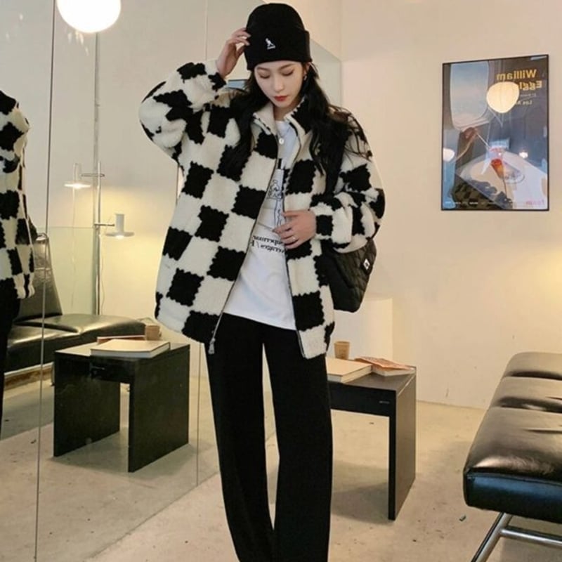 チェッカーボード柄 フリースジャケット ボアコート. ボアジャケット