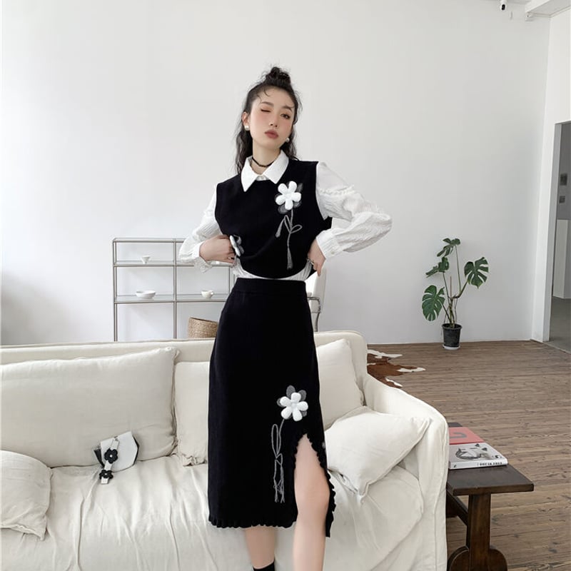styling/ ニットベスト&スカート セットアップ ネクタイ付きシャツ