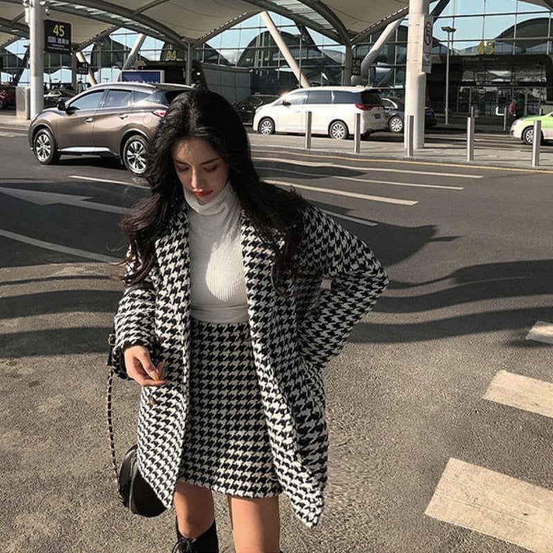 セットアップ】千鳥格子 ウールコート＋ハイウエストスカート チェック