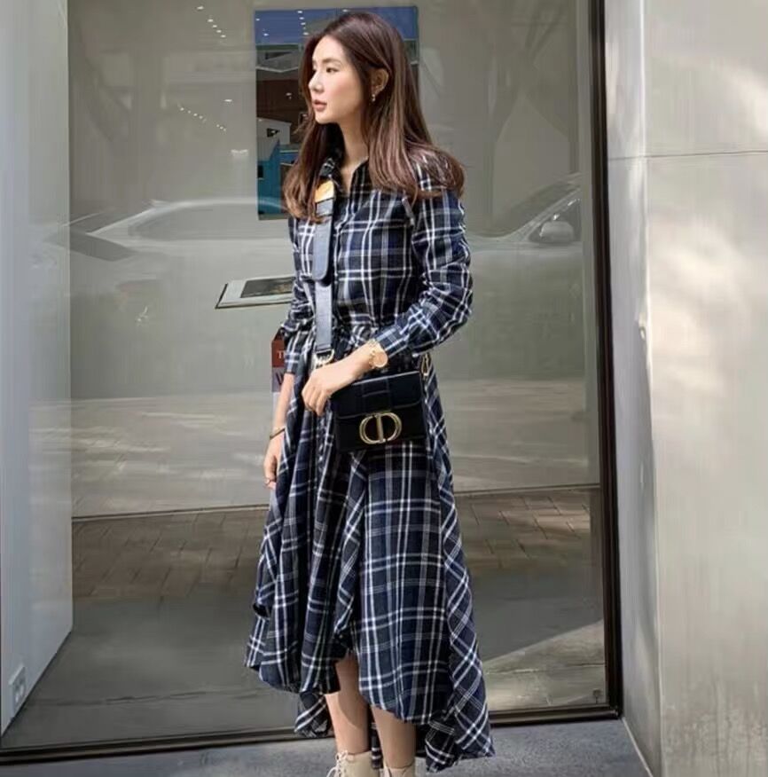 長袖チェック柄シャツワンピース ウエスタンスタイル ウエスト