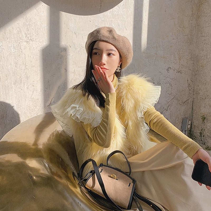 レース付きファーベスト エコファー レディース 毛皮ベスト