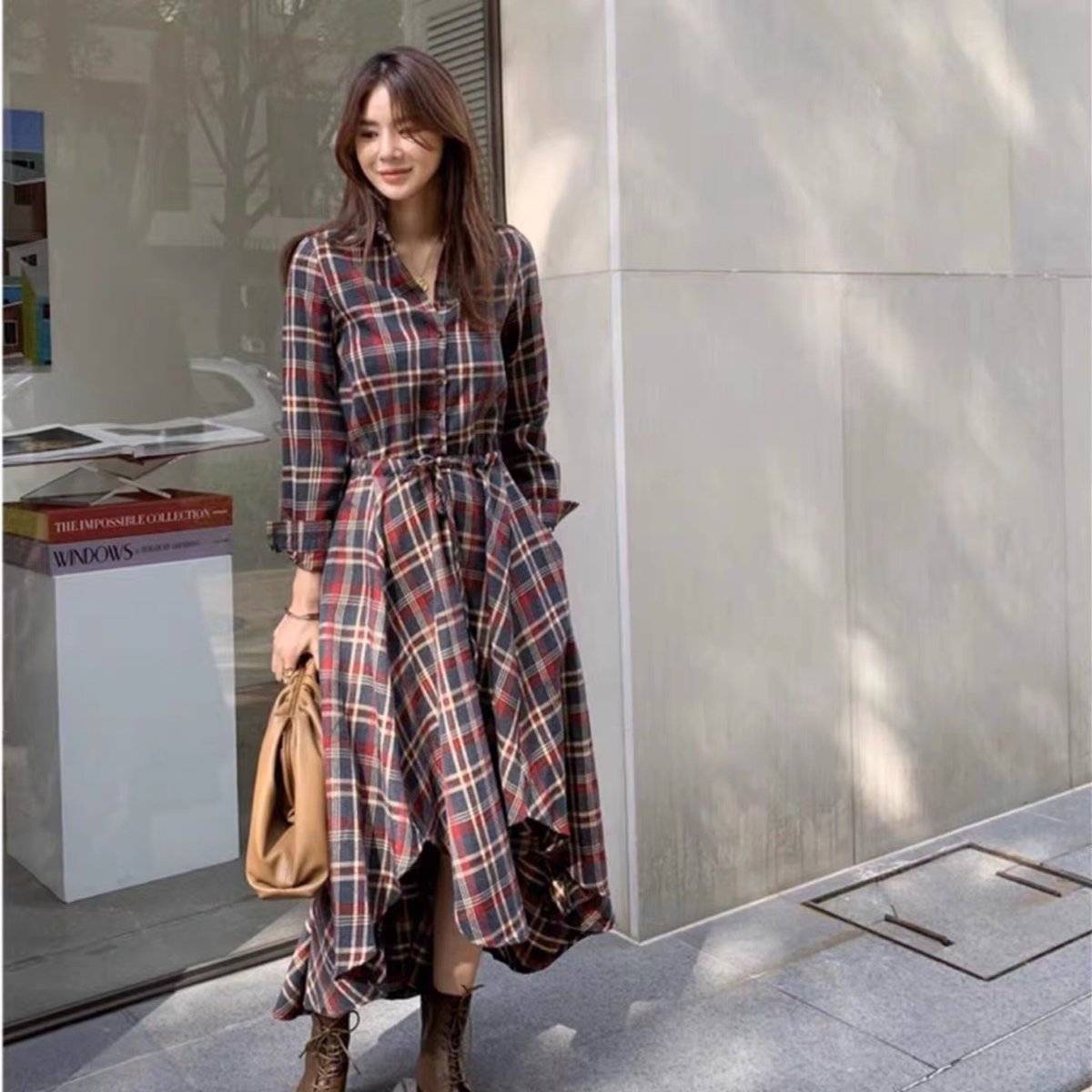 長袖チェック柄シャツワンピース ウエスタンスタイル ウエスト