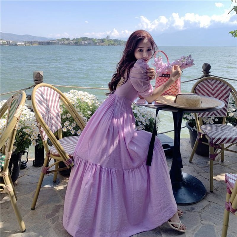 バックリボンワンピース パワーショルダー パフスリーブ サマードレス