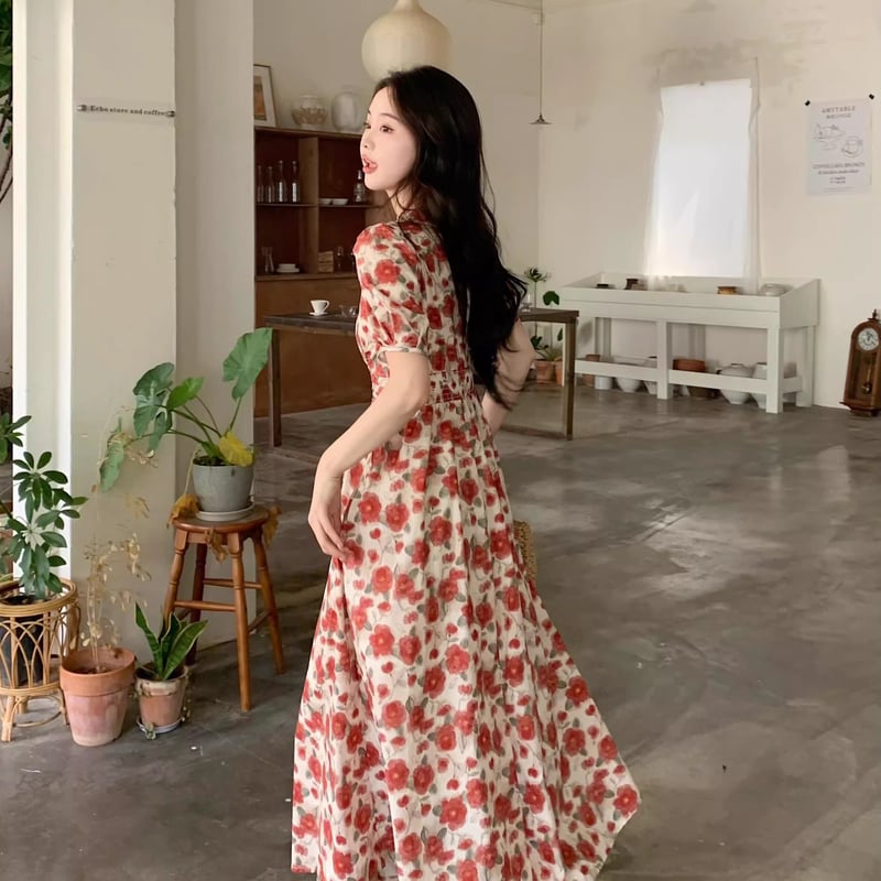 Vネック花柄ワンピース カシュクール 花柄ワンピース 半袖ワンピース V