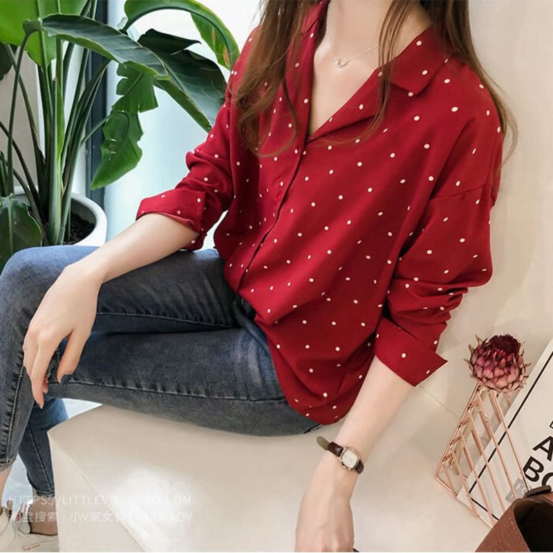 ドット柄 Vネック 長袖シャツ ブラウス トップス 2カラー a886