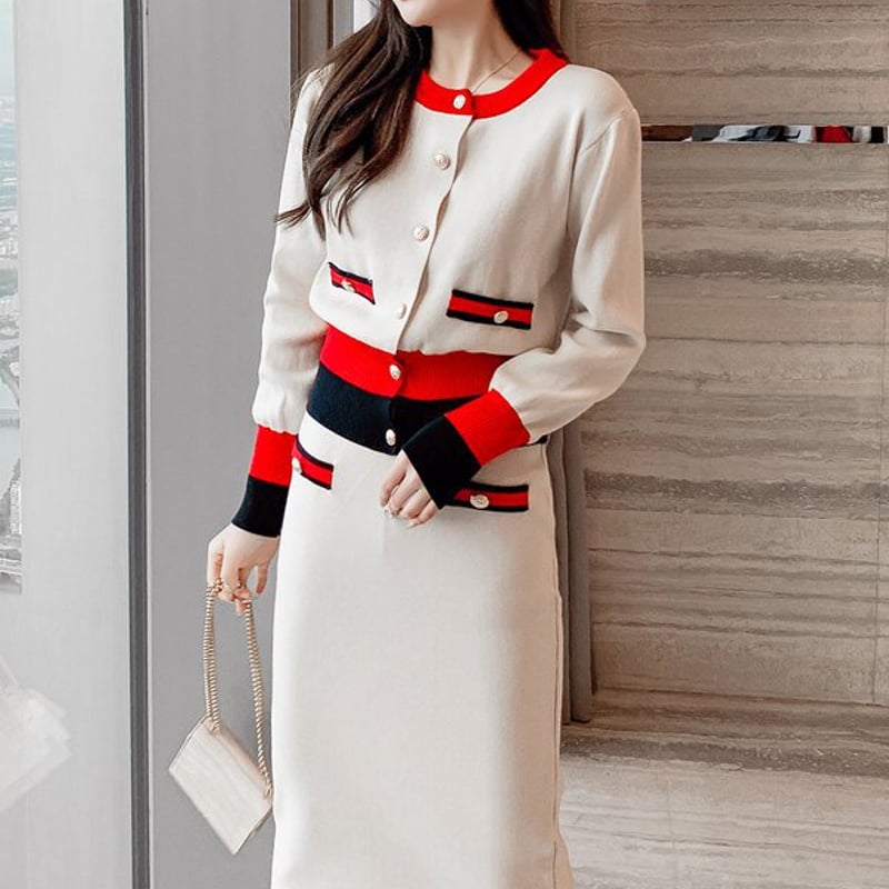 セットアップ】ニットカーディガン＋ニットスカート ミドル丈