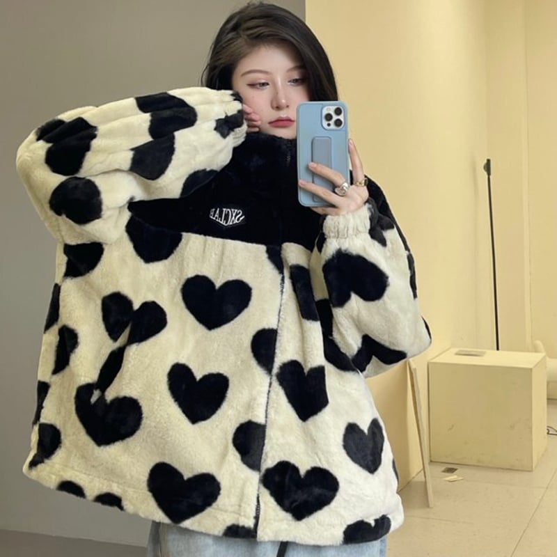 ハート柄 フリースジャケット フェイクファージャンパー ジャケット