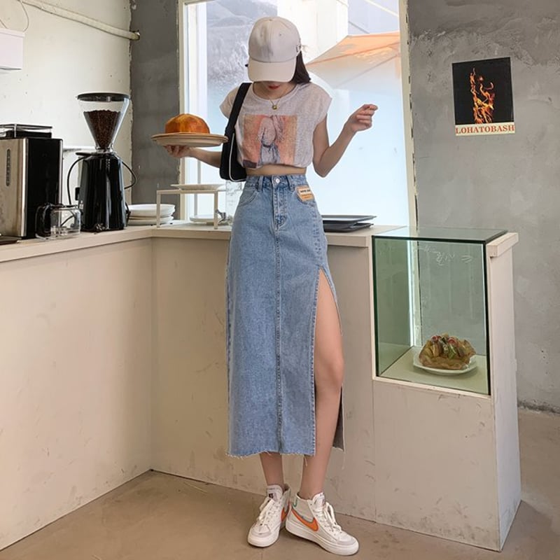 ハイウエスト デニムスカート ロングスカート スリット ボタン スリットデニムスカート ハイウエスト デニムスカート スリット