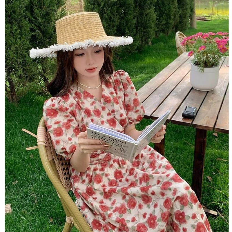 Vネック花柄ワンピース カシュクール 花柄ワンピース 半袖ワンピース V