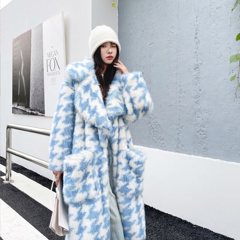 千鳥格子柄 エコファーロングコート ファーコート ロングコート ルーズ