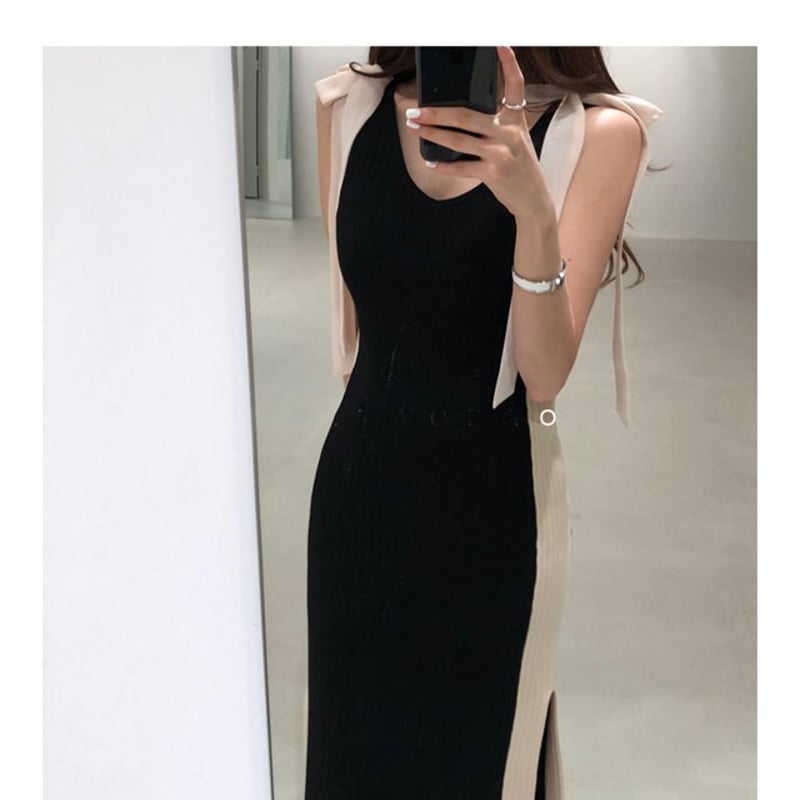 肩紐リボンニットワンピース ノースリーブワンピース ワンピース