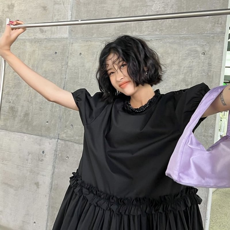 フリルプリーツワンピース パフスリーブ フリルワンピース 半袖 